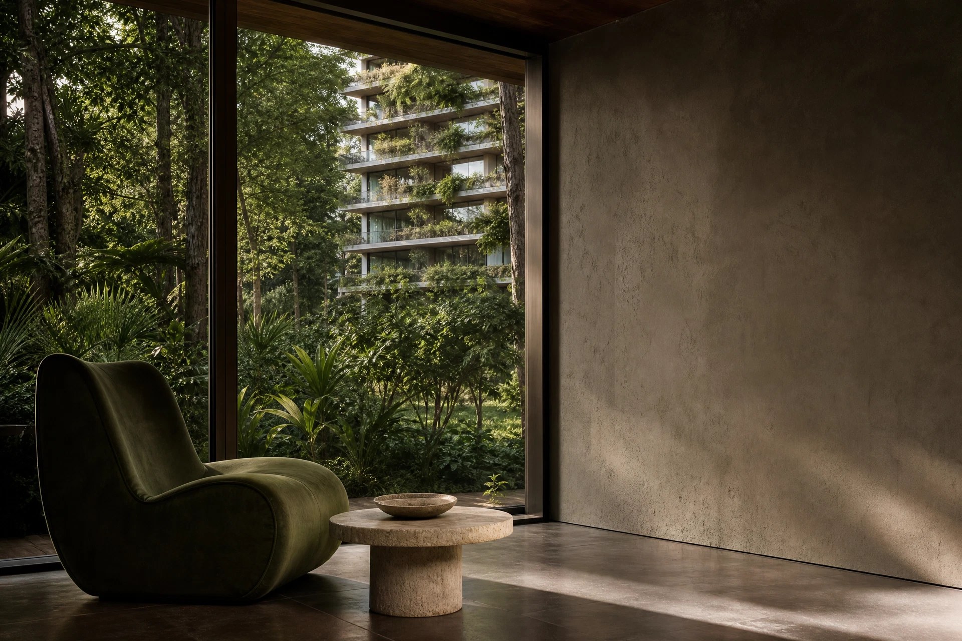 Interior contemporâneo voltado para um jardim
