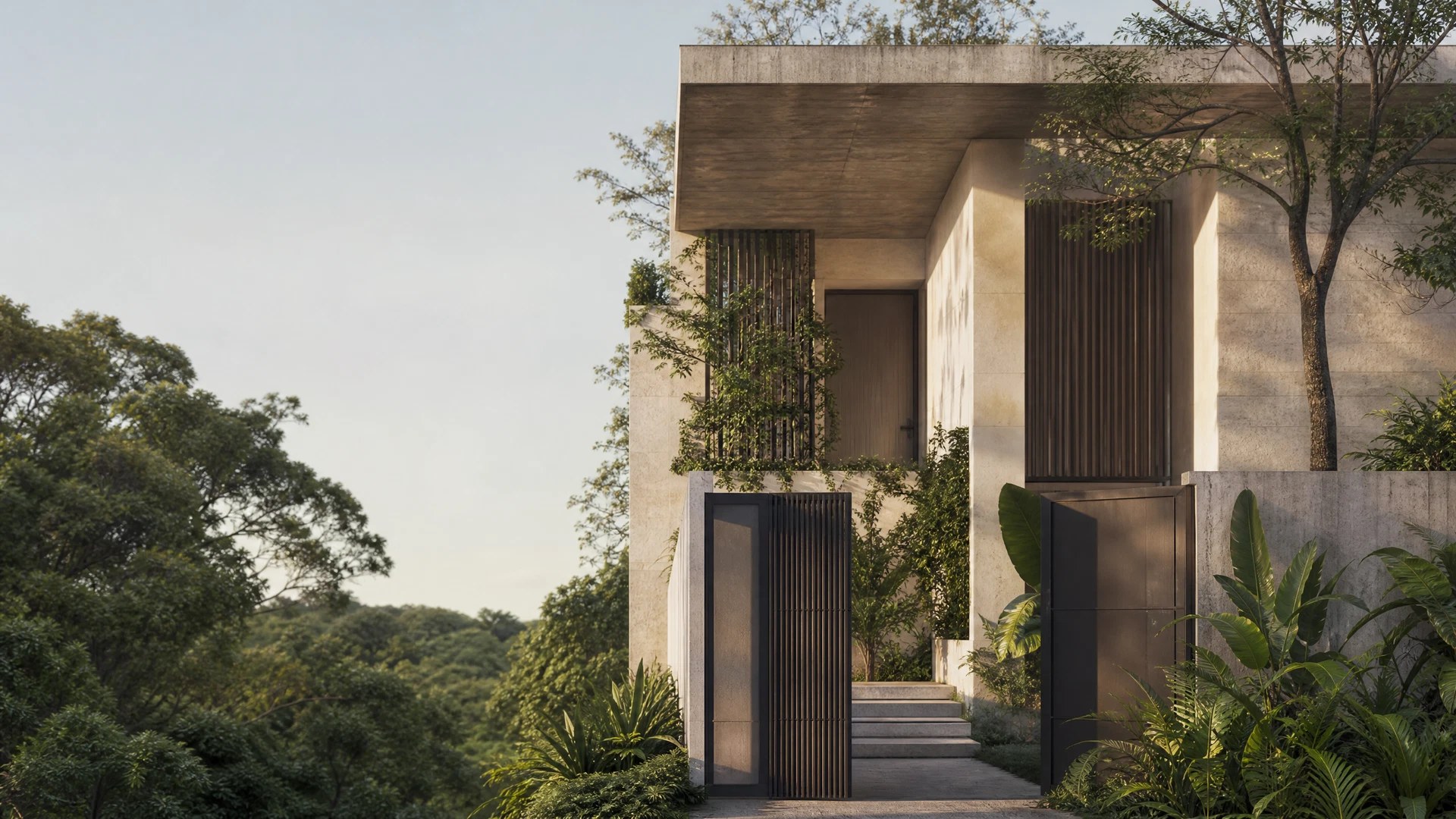 Fachada contemporânea cercada por vegetação